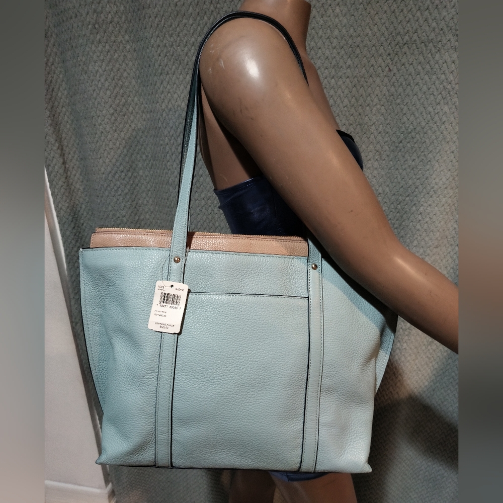 SOLD NWT Coach 1573 Pebbled Leather May Tote Seafoam with Tan Leather Trim $428